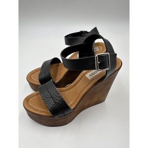 Steve Madden Black Leather Wooden Wedge Sandals Size US 6.5 Made in Italy